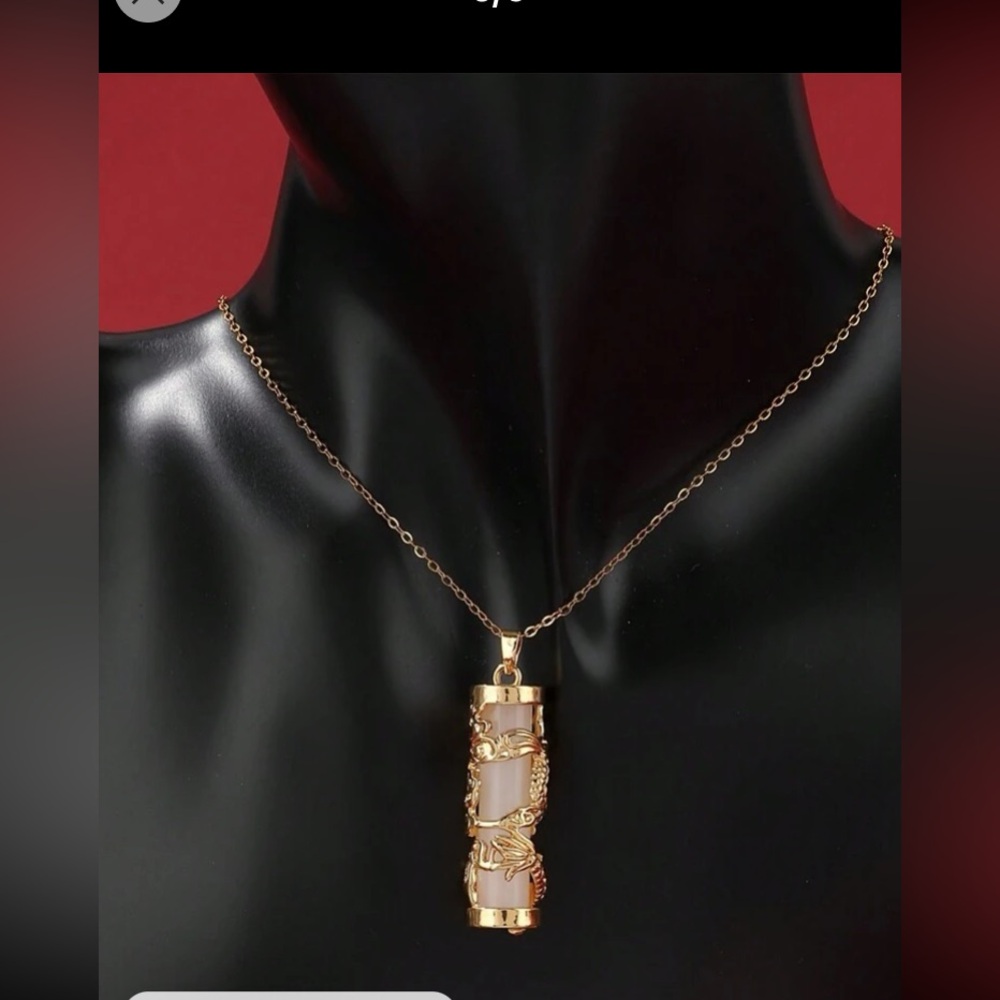 Chinese 18k Gold Plated Dragon Column Pendant Necklace With Gemstone Inlay